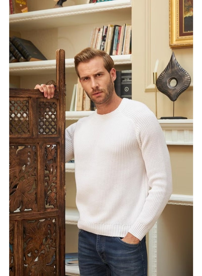 Odelon Crew Neck Selanik Knitted Cotton Men's White Knitwear Sweater - Image 4